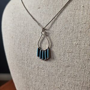 Zuni Needlepoint Style Sterling & Turquoise Pendant Minimalist Teardrop Fringe